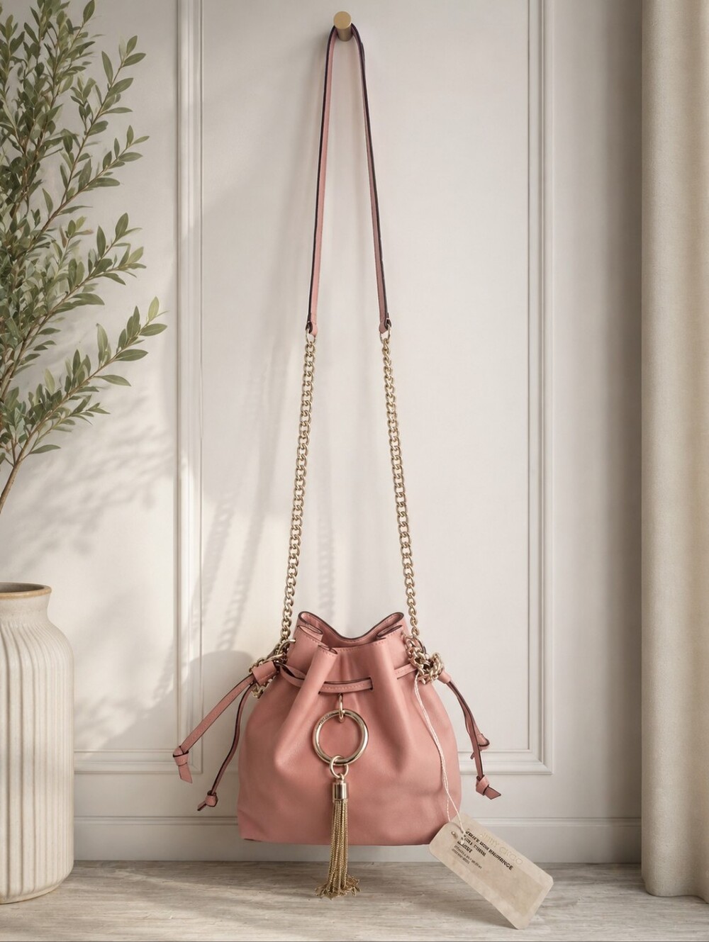 Jimmy Choo Callie Drawstring Bucket Bag Blush Pink Leather COA Dust Bag NWT